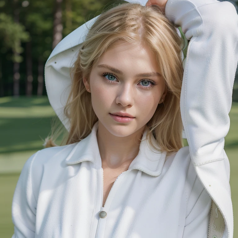 Nikon Z 85mm, Beautiful, one Petite 20-year-old elegant high-class supermodel, ((blond hair)), Bright gray eyes, ((High detailed skin, Skin Details)), Sharp Focus, 8K UHD, Digital SLR, High quality masterpiece, gorgeous russian face,  wearing makeup, photo realistic, ((wearing white golf jacket)). (Standing on a green golf course.) (((Closeup)))