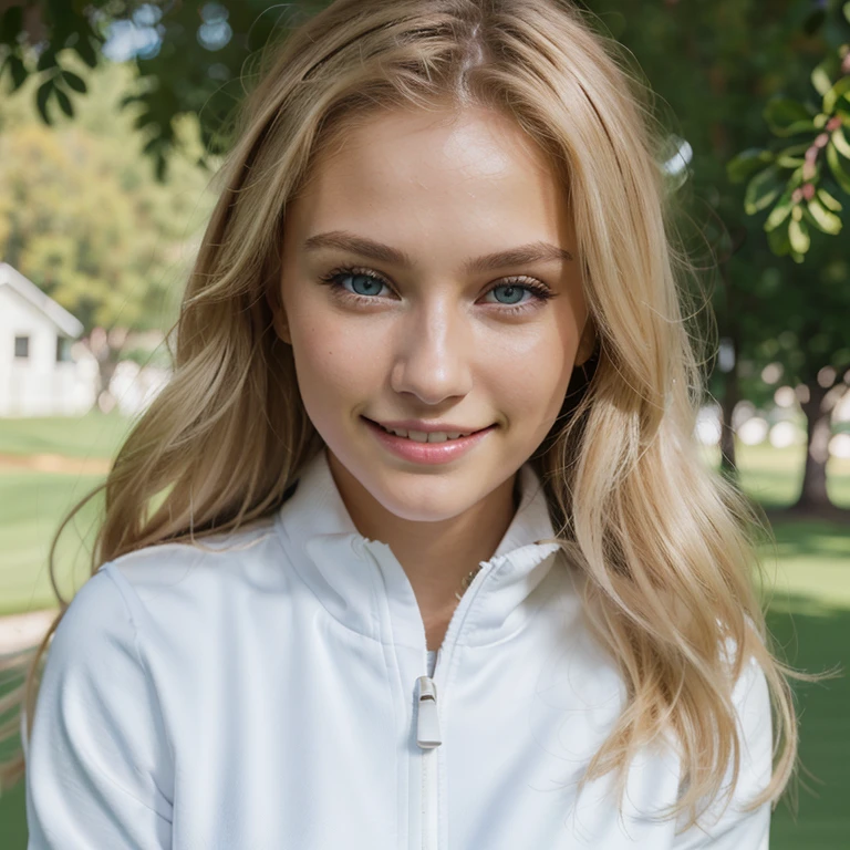 Nikon Z 85mm, Beautiful, one Petite 20-year-old elegant high-class supermodel, ((blond hair)), Bright gray eyes, ((High detailed skin, Skin Details)), Sharp Focus, 8K UHD, Digital SLR, High quality masterpiece, gorgeous russian face, wearing makeup, photo realistic, ((wearing white golf jacket)). (Standing on a green golf course.) (((Closeup, smile)))