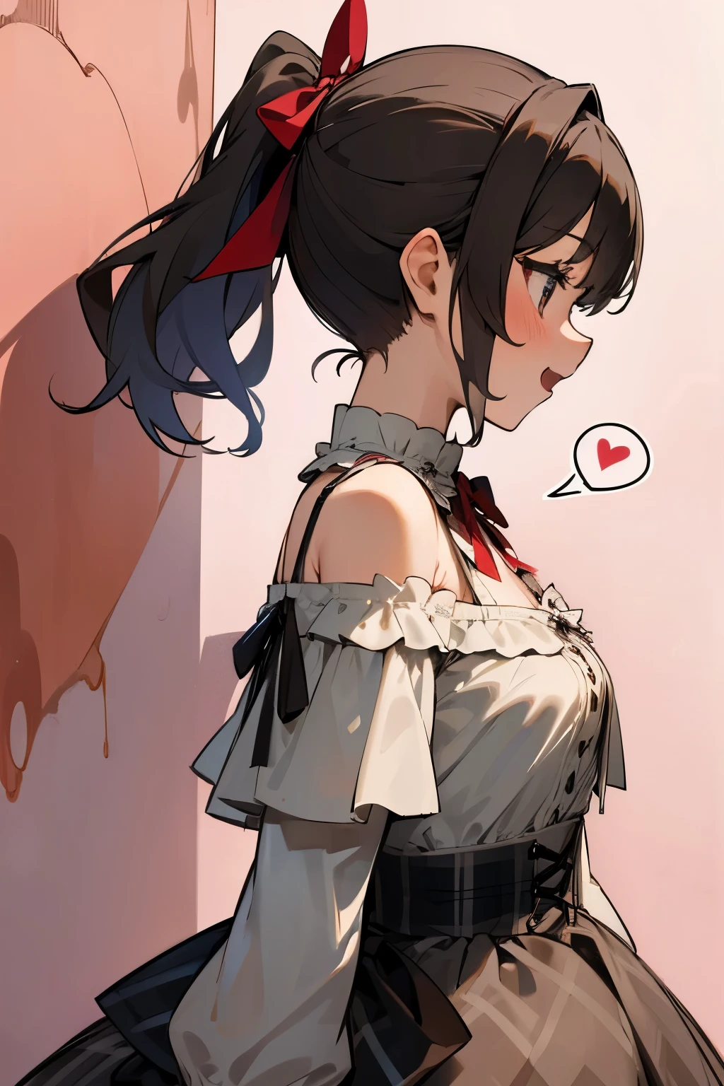 ((Masterpiece)), (best quality), ((profile of girl)), cute little girl, ponytail hair, Plaid dress, (Off-Shoulder dress), hoop dress, bow, (lolita fashion), exposed bare shoulder and arms, lolita style, anime girl cosplay, loli, cute smile, open mouth, pretty, loli, portrait of lolita girl, emo style, red checker, (against the Colorful pastel wall), ribbon belt, ((spoken heart)), Melted Chocolates