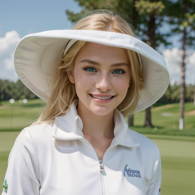 Nikon Z 85mm, Beautiful, one Petite 20-year-old elegant high-class supermodel, ((blond hair)), Bright gray eyes, ((High detailed skin, Skin Details)), Sharp Focus, 8K UHD, Digital SLR, High quality masterpiece, gorgeous russian face, wearing makeup, photo realistic, ((wearing white golf jacket)). (Standing on a green golf course.) (((Closeup, smile)))
