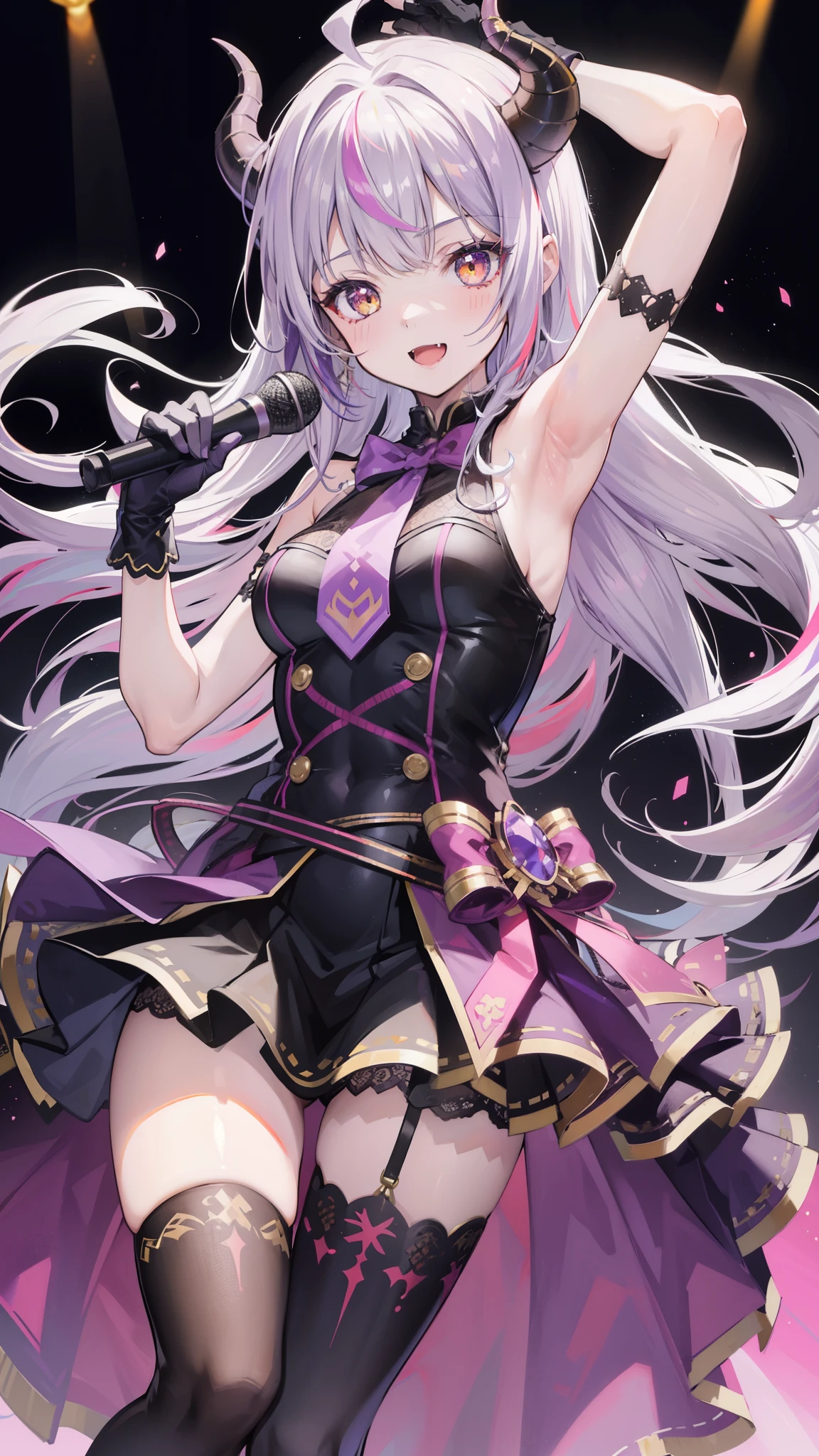 32k, 1girl, solo, long hair, looking at viewer, blush, smile, open mouth, bangs, thighhighs, gloves, dress, holding, standing, yellow eyes, purple hair, ahoge, grey hair, multicolored hair, horns, alternate costume, fang, white gloves, armpits, arm up, official alternate costume, streaked hair, standing on one leg, demon girl, demon horns, bike shorts, single thighhigh, microphone, skin fang, holding microphone, idol, idol clothes, hololive idol uniform,