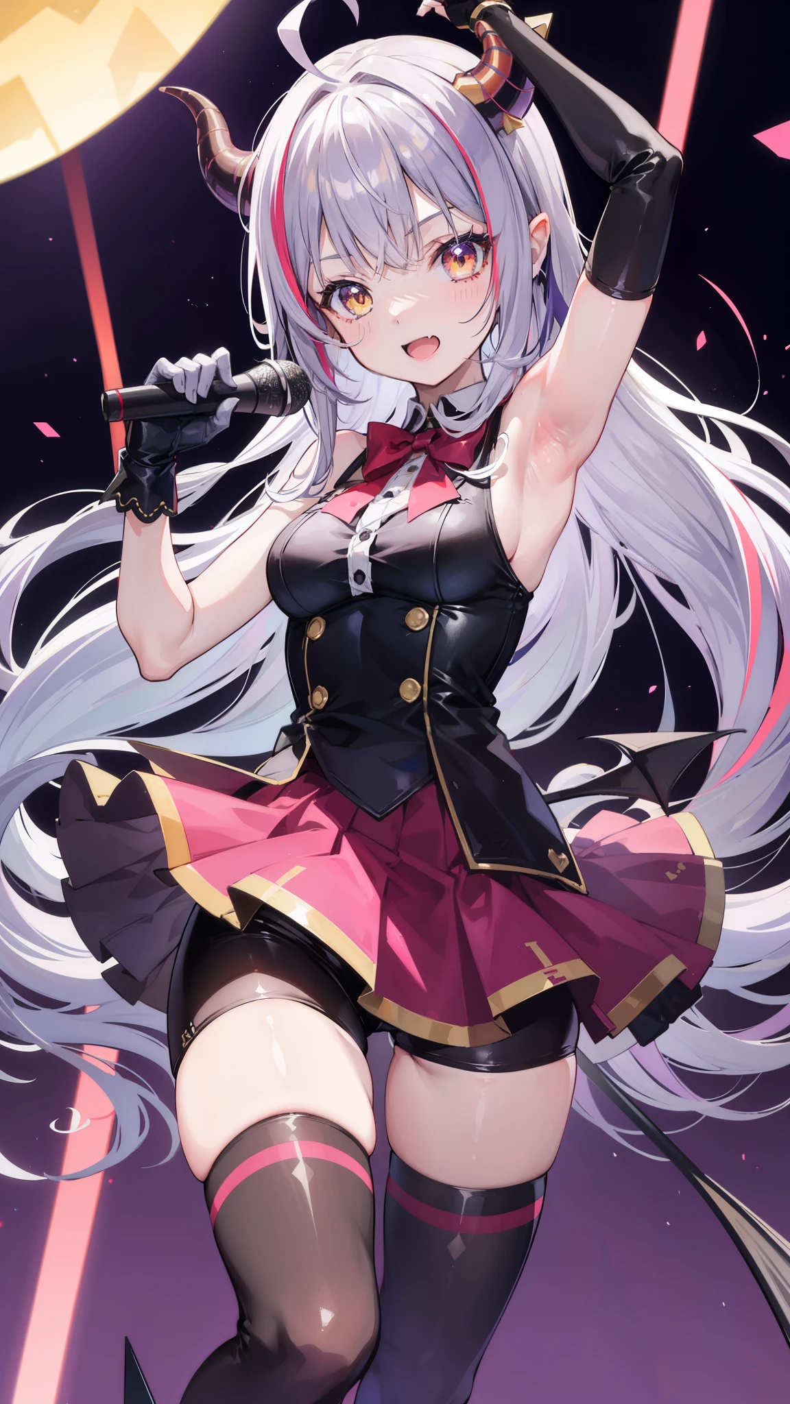 32k, 1girl, solo, long hair, looking at viewer, blush, smile, open mouth, bangs, thighhighs, gloves, dress, holding, standing, yellow eyes, purple hair, ahoge, grey hair, multicolored hair, horns, alternate costume, fang, white gloves, armpits, arm up, official alternate costume, streaked hair, standing on one leg, demon girl, demon horns, bike shorts, single thighhigh, microphone, skin fang, holding microphone, idol, idol clothes, hololive idol uniform,