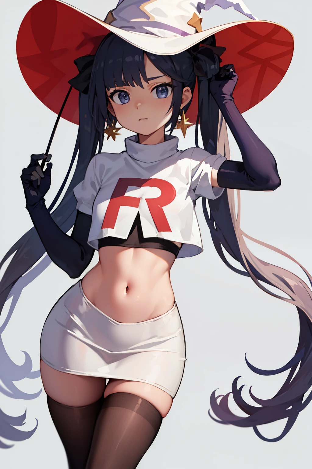 ((masterpiece,best quality)), team rocket,team rocket uniform, red letter R, white skirt,white crop top,black thigh-highs,black elbow gloves zettai ryouiki, aamona, long hair, twintails, hair ornament, black ribbon, earrings, witch hat, purple headwear, cowboy shot,