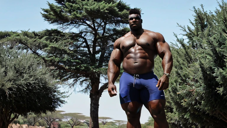 Picture taken from a distance, full body of an African giant with superior muscles standing 8 feet tall