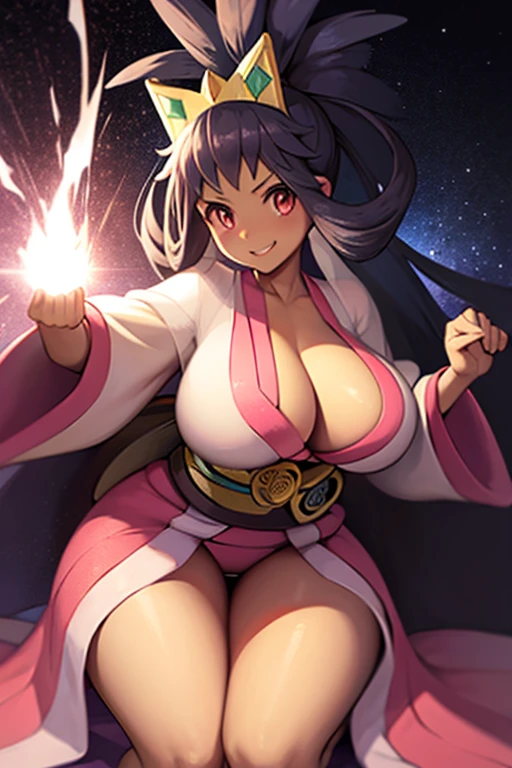 IRISA, gown, DD-cup, big thighs, kimono, tiara, big breast, worried smile, dominating, large breasts