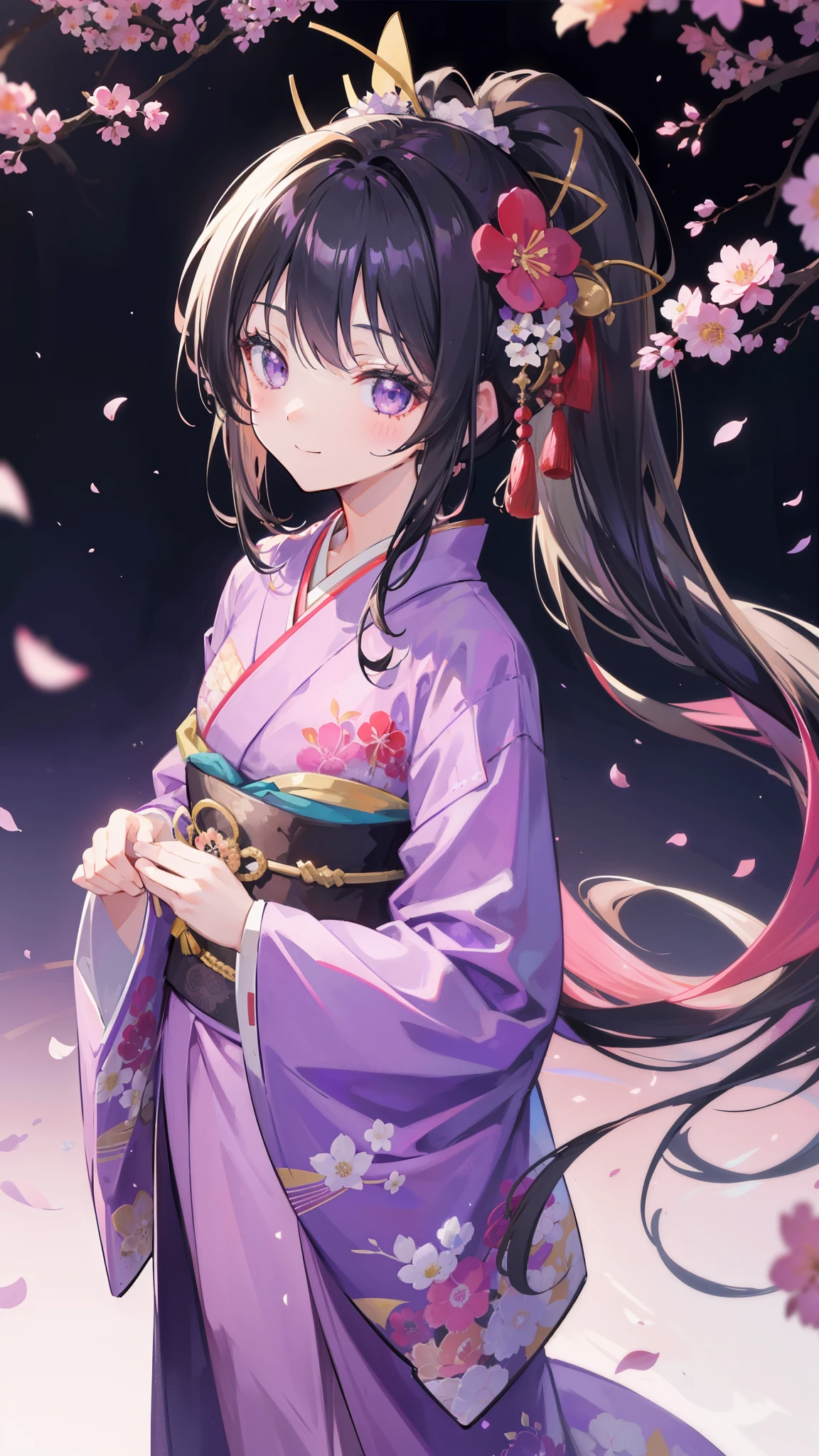 32k, 1girl, solo, long hair, looking at viewer, blush, smile, bangs, hair ornament, long sleeves, closed mouth, standing, full body, ponytail, flower, japanese clothes, hair flower, wide sleeves, kimono, chibi, blurry, sash, depth of field, blurry background, obi, antenna hair, high ponytail, pink flower, purple flower, purple kimono, zouri,