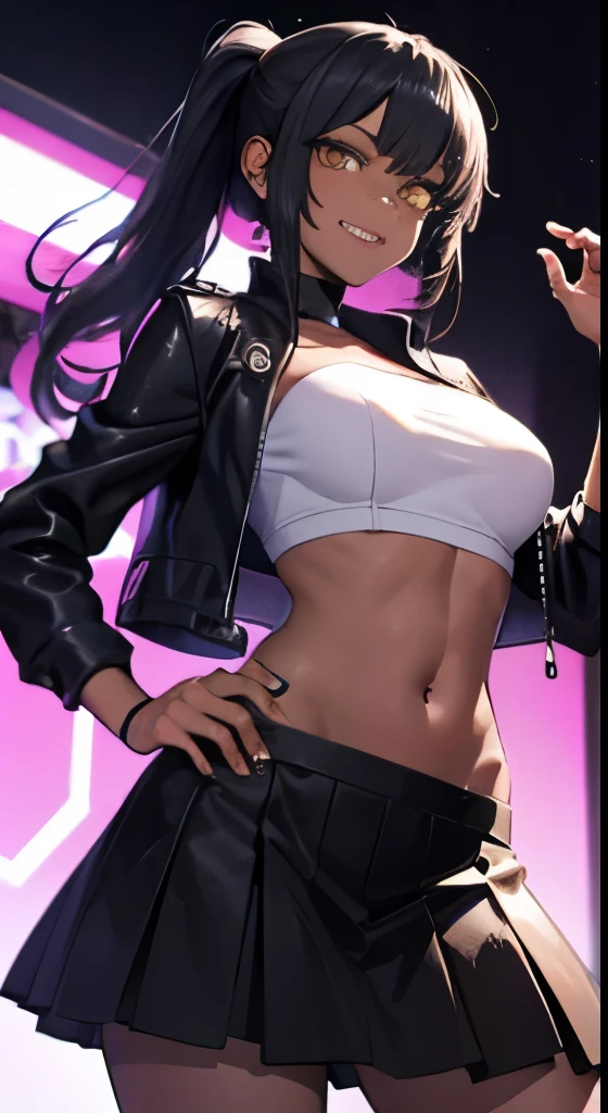 young ebony girl, black skin, purple long hair, high ponytail, yellow eyes, White leather jacket, skirt, open belly, side boob, smile, masterpiece, high quality、Game Center、heavy makeup