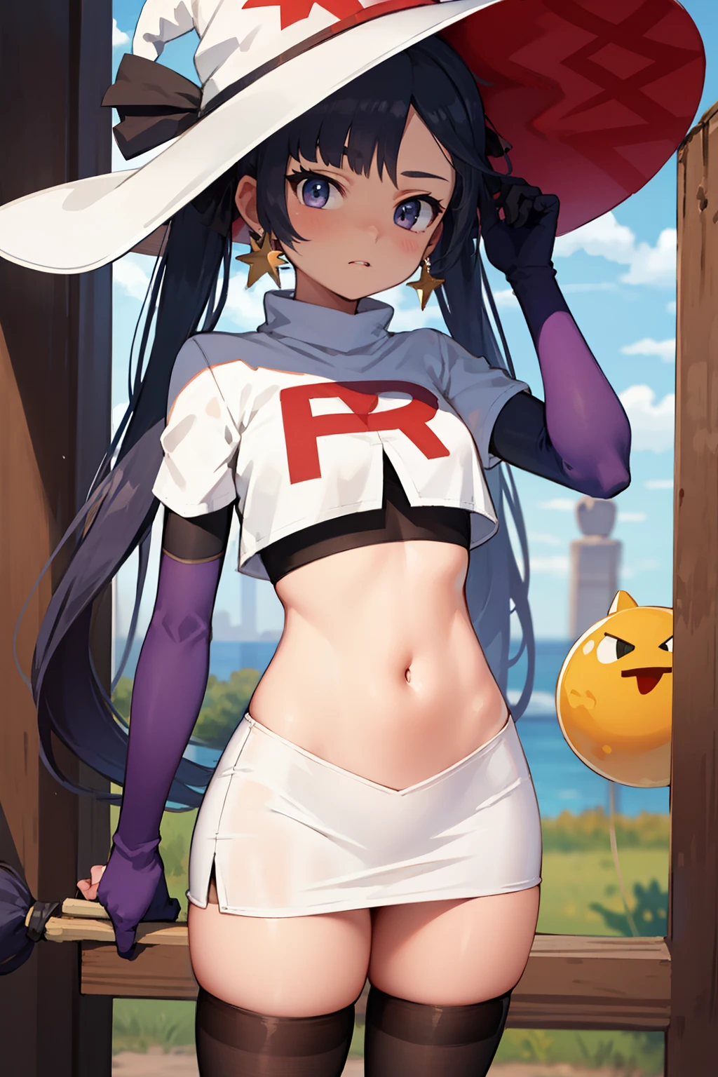((masterpiece,best quality)), team rocket,team rocket uniform, red letter R, white skirt,white crop top,black thigh-highs,black elbow gloves zettai ryouiki, aamona, long hair, twintails, hair ornament, black ribbon, earrings, witch hat, purple headwear, cowboy shot,
