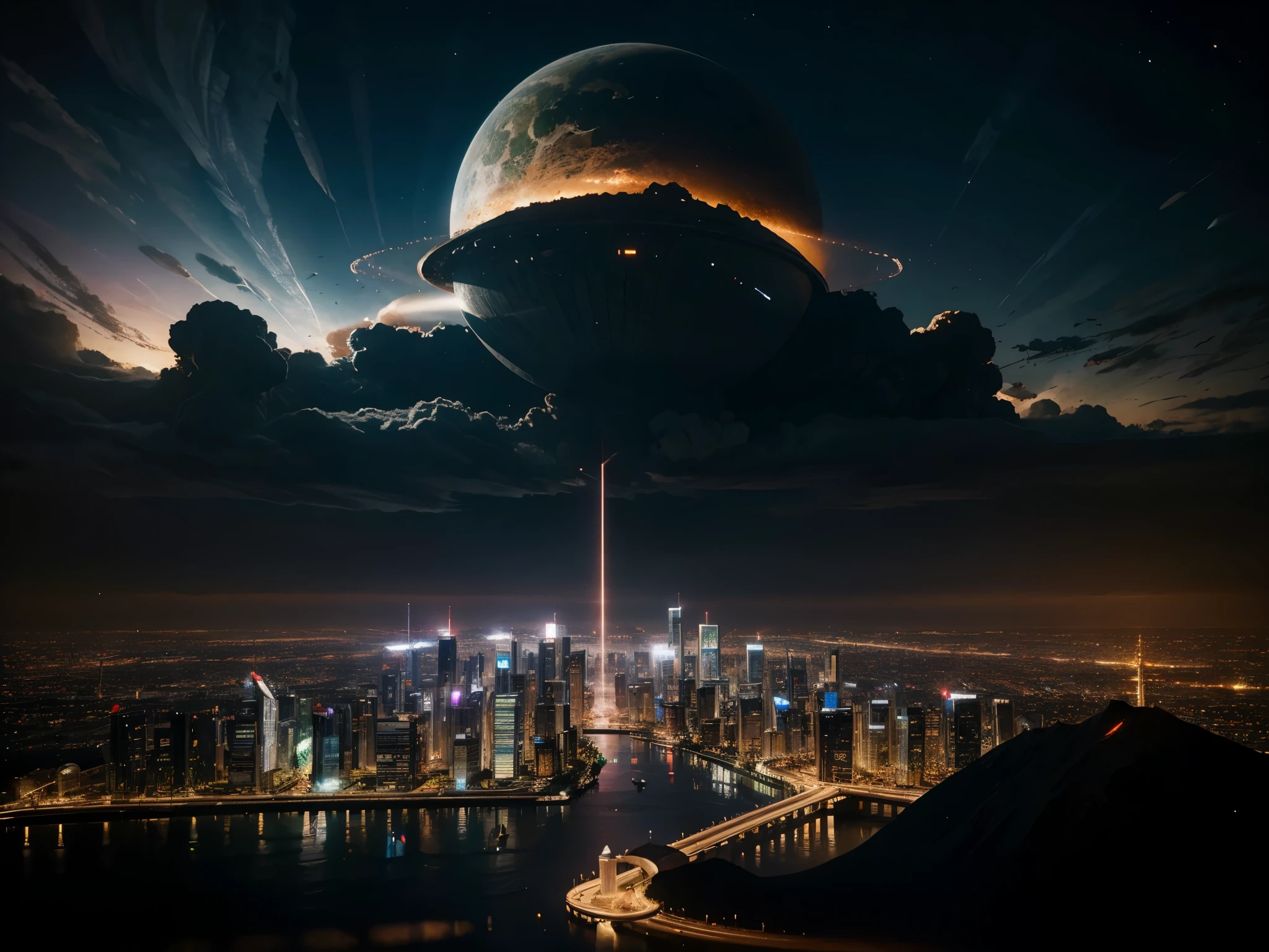 A futuristic city being destroyed with the image of a beautiful planet in the sky.