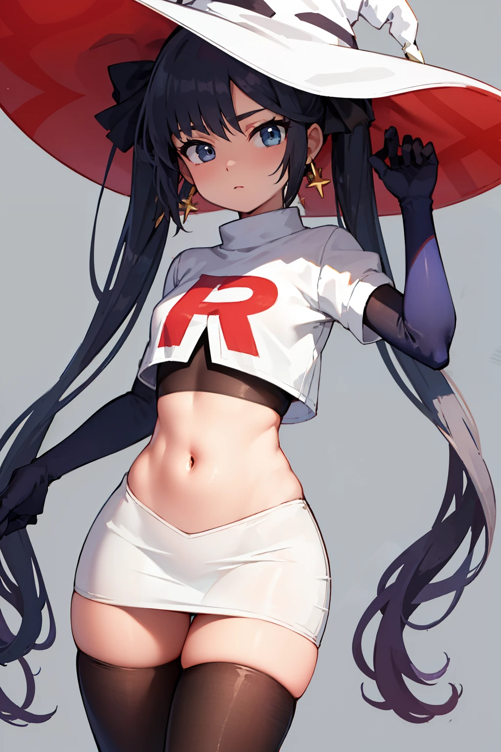 ((masterpiece,best quality)), team rocket,team rocket uniform, red letter R, white skirt,white crop top,black thigh-highs,black elbow gloves zettai ryouiki, aamona, long hair, twintails, hair ornament, black ribbon, earrings, witch hat, purple headwear, cowboy shot,