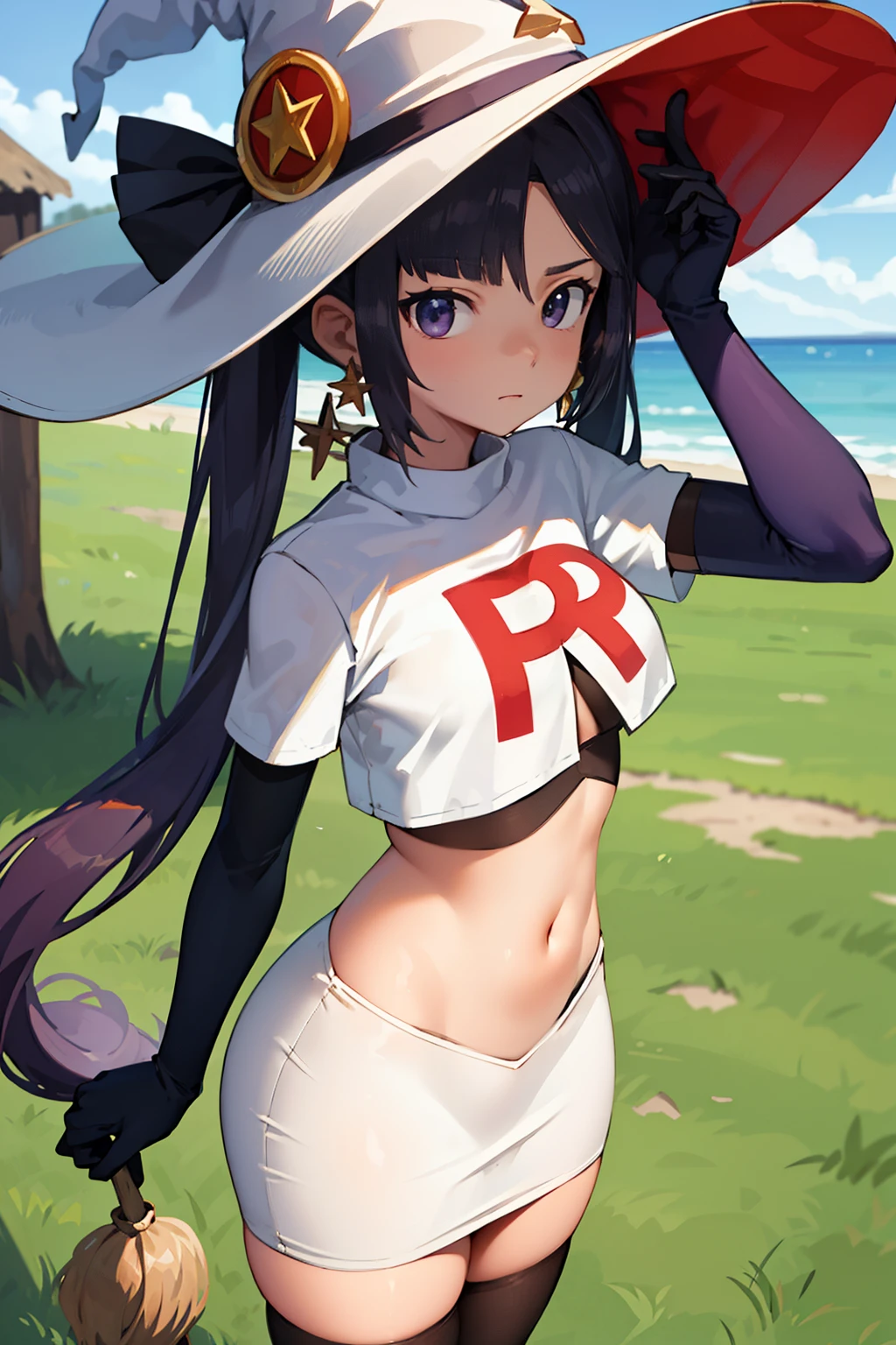 ((masterpiece,best quality)), team rocket,team rocket uniform, red letter R, white skirt,white crop top,black thigh-highs,black elbow gloves zettai ryouiki, aamona, long hair, twintails, hair ornament, black ribbon, earrings, witch hat, purple headwear, cowboy shot,