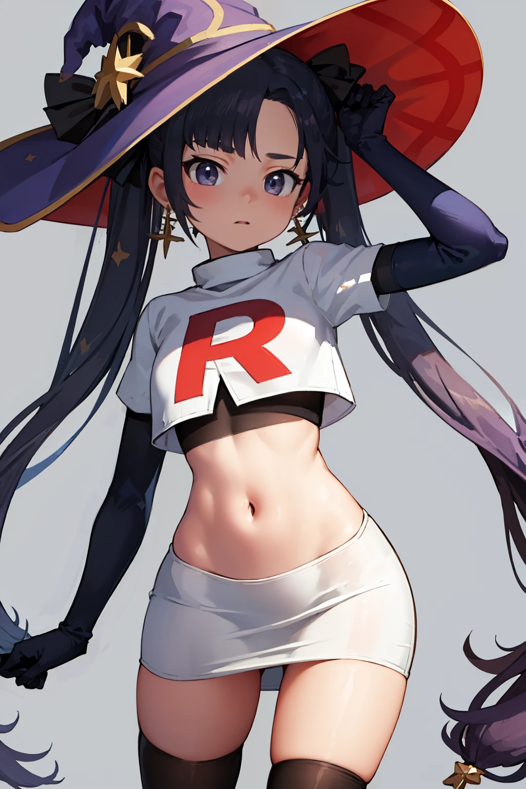 ((masterpiece,best quality)), team rocket,team rocket uniform, red letter R, white skirt,white crop top,black thigh-highs,black elbow gloves zettai ryouiki, aamona, long hair, twintails, hair ornament, black ribbon, earrings, witch hat, purple headwear, cowboy shot,