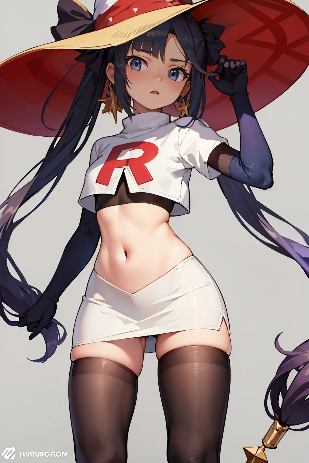 ((masterpiece,best quality)), team rocket,team rocket uniform, red letter R, white skirt,white crop top,black thigh-highs,black elbow gloves zettai ryouiki, aamona, long hair, twintails, hair ornament, black ribbon, earrings, witch hat, purple headwear, cowboy shot,