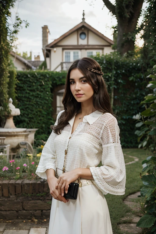Elegant brunette with Chanel hair is in the garden of her house