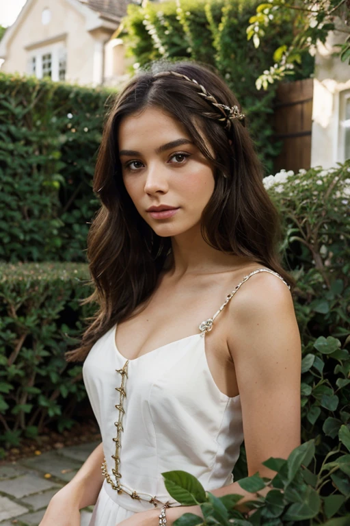 Elegant brunette with Chanel hair is in the garden of her house