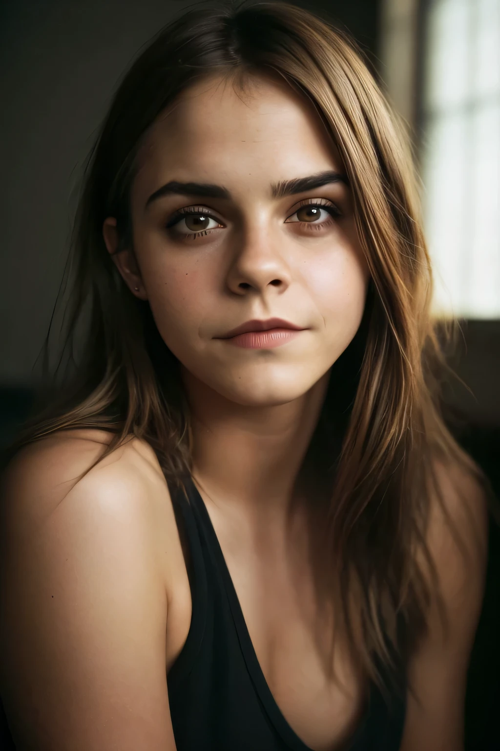 (de cerca, Editorial photograph of a 21-year-old woman), (Cara muy detallada:1.4) (smile:0.7) (fondo en la oscuridad, malhumorado, estudio privado:1.3) tirar, parecida a Emma Watson, Dirigido por: Lee Jeffries, nikon d850 |, film stock photography ,4 Kodak Portra 400 ,F1 camera.6 lentes ,colores ricos ,Hyper realistic ,textura realista, dramatic lighting , Cinestil 800,