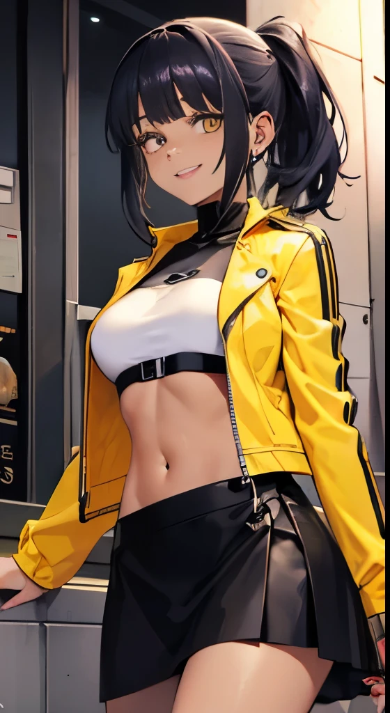 young ebony girl, black skin, purple long hair, high ponytail, yellow eyes, White leather jacket, skirt, open belly, side boob, smile, masterpiece, high quality、Game Center、heavy makeup