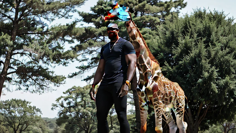 Picture taken from a distance, full body of an African giant with superior muscles standing 15 feet tall with a giraffe standing next to him as a height comparison, tall as the trees, taller than a basketball player, the tallest man alive, superior quality, realistic muscles