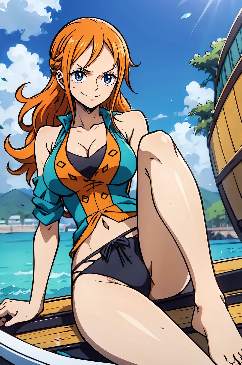 Generate a realistic anime-style image of Nami from One Piece sitting in a boat with her feet in the air. Capture your distinctive appearance with orange hair, uma camisa, and a joyful expression. Certifique-se de que a imagem reflete sua personalidade aventureira e confiante, como mostrado no anime.., corpo completo, Plano amplo , CORPO CURVADO, Fundo da ilha,Bra top, saia, olhos laranja, olhos laranja, axilas