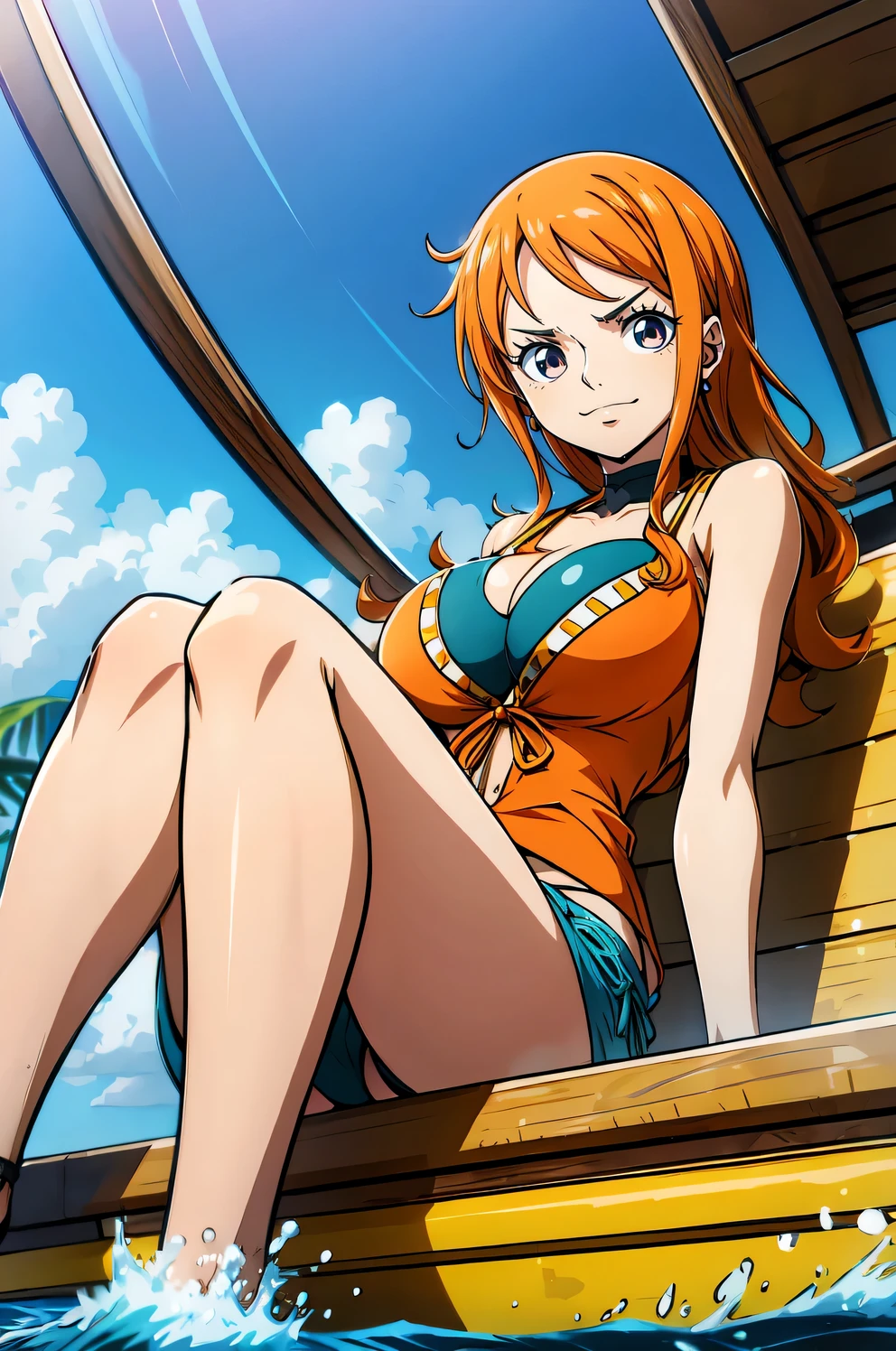 Generate a realistic anime-style image of Nami from One Piece sitting in a boat with her feet in the air. Capture your distinctive appearance with orange hair, uma camisa, and a joyful expression. Certifique-se de que a imagem reflete sua personalidade aventureira e confiante, como mostrado no anime.., corpo completo, Plano amplo , CORPO CURVADO, Fundo da ilha,Bra top, saia, olhos laranja, olhos laranja, axilas