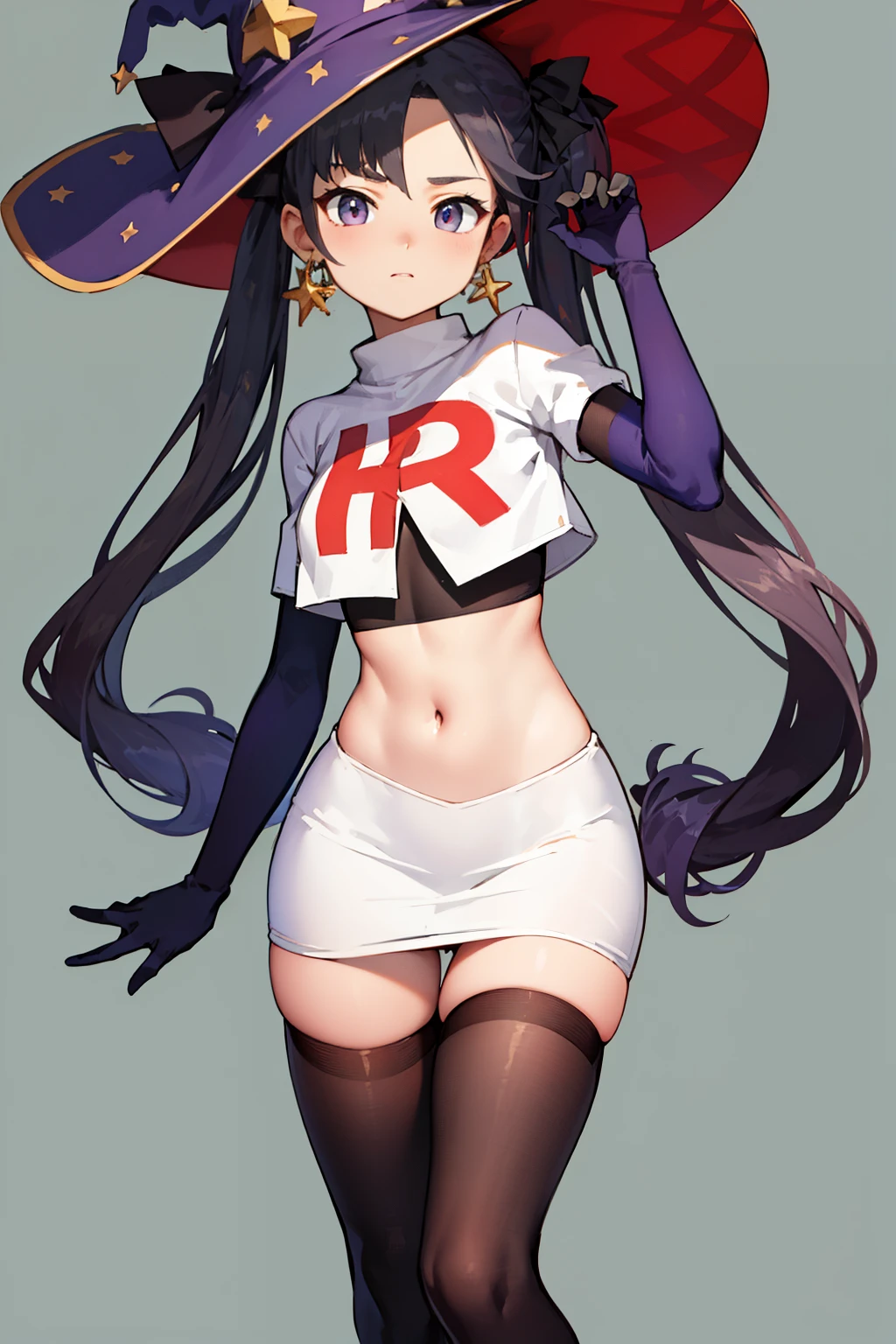 ((masterpiece,best quality)), team rocket,team rocket uniform, red letter R, white skirt,white crop top,black thigh-highs,black elbow gloves zettai ryouiki, aamona, long hair, twintails, hair ornament, black ribbon, earrings, witch hat, purple headwear, cowboy shot,
