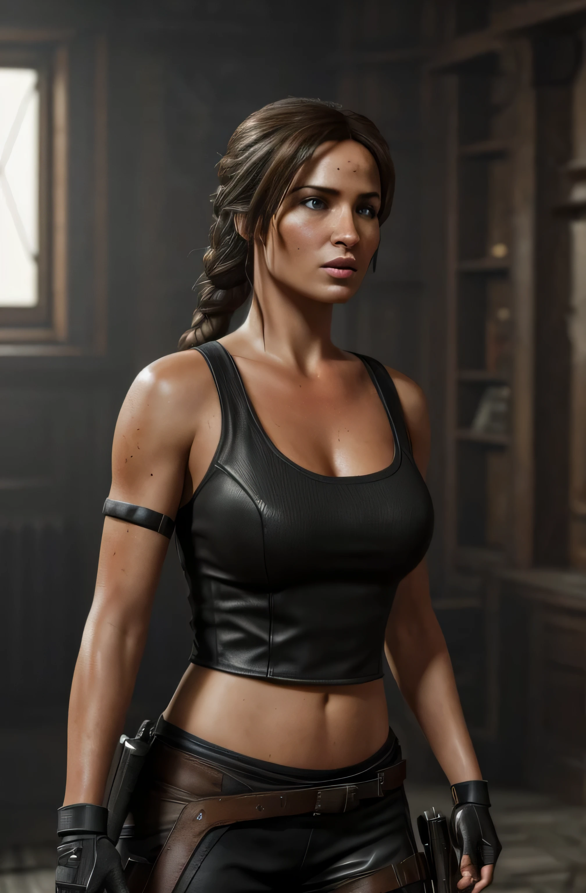 Style of sleepy gimp (Meisterwerk), (best qulaity), (fotorealistisch: 1,3), 8k, detaillierte Hauttextur, beautiful detailed face, komplizierte Details, Sexy Mittelalterliche schlanke Lara Croft mix mit gandalf, Beautiful Hot Sporty , Foto Vorbereitend