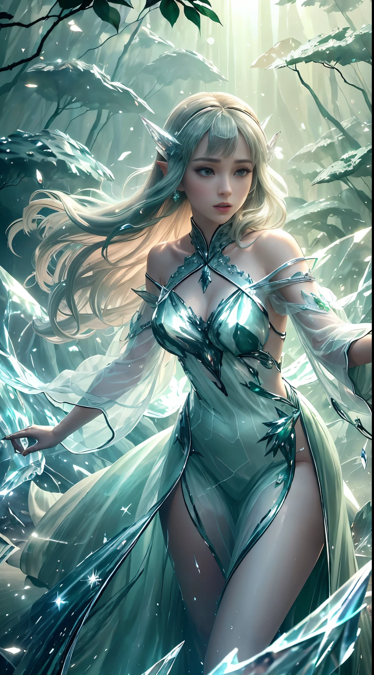 masterpiece, best quality, 8k, insane details, intricate details, hyperdetailed, hyper quality, high detail, half body,
1girl, long white hair, green dress , smiling at the camera,
complex background, water and fire blend,
