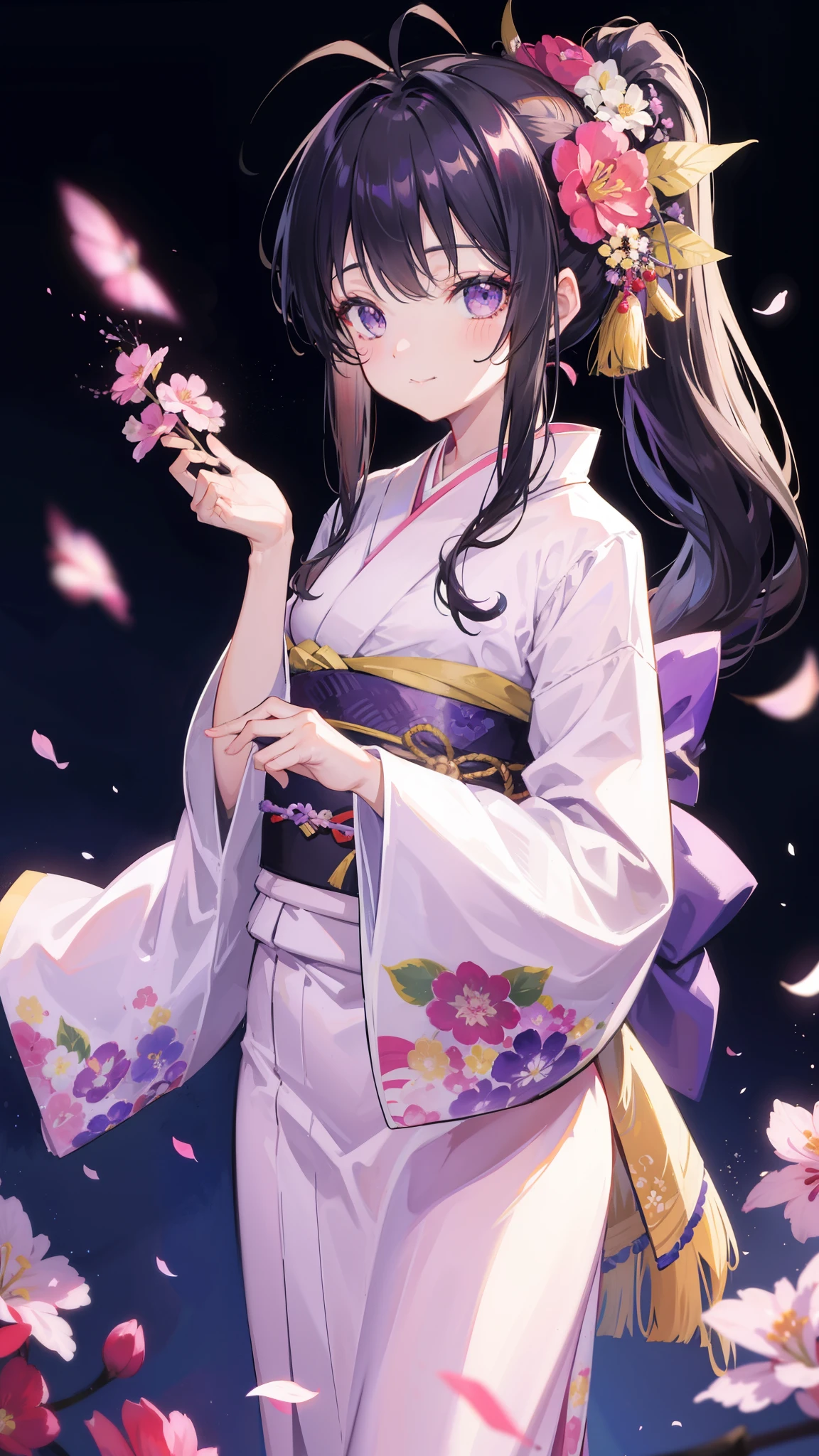 32k, 1girl, solo, long hair, looking at viewer, blush, smile, bangs, hair ornament, long sleeves, closed mouth, standing, ponytail, flower, japanese clothes, hair flower, wide sleeves, kimono, blurry, sash, depth of field, blurry background, obi, antenna hair, high ponytail, pink flower, purple flower, purple kimono, zouri,