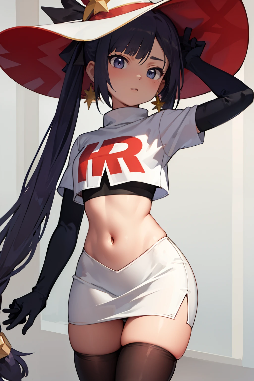 ((masterpiece,best quality)), team rocket,team rocket uniform, red letter R, white skirt,white crop top,black thigh-highs,black elbow gloves zettai ryouiki, aamona, long hair, twintails, hair ornament, black ribbon, earrings, witch hat, purple headwear, cowboy shot,