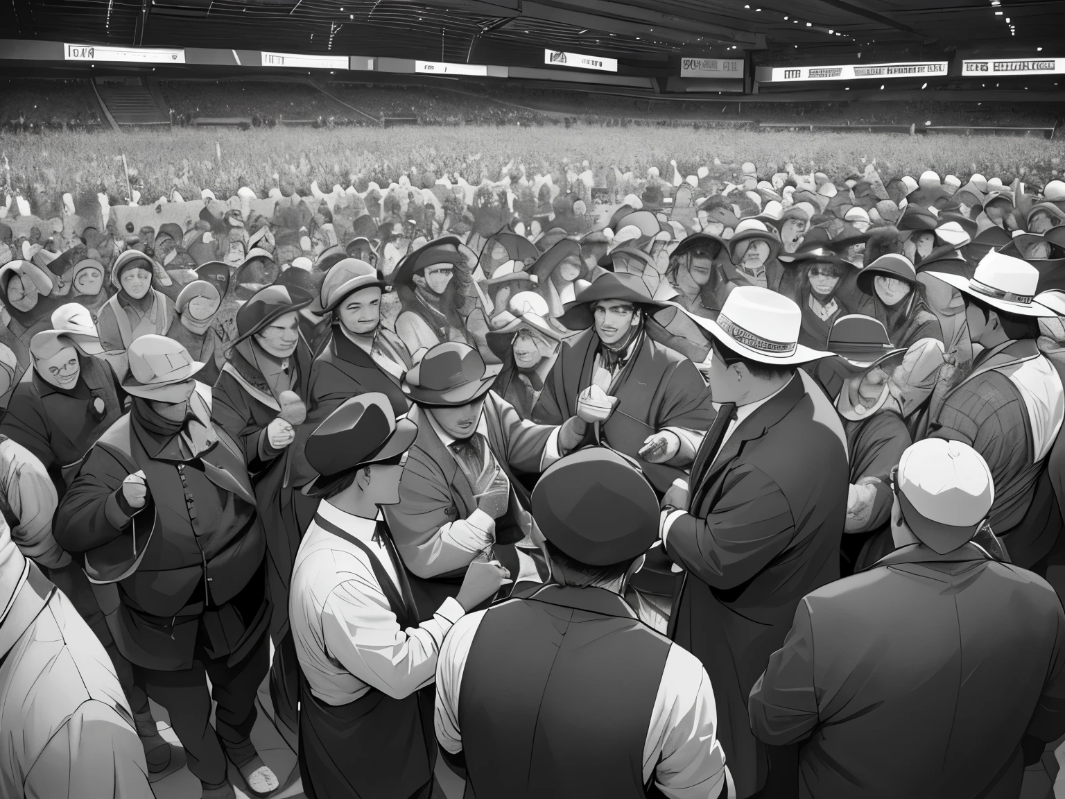 A horse betting dealer is surrounded by townspeople and congratulated.