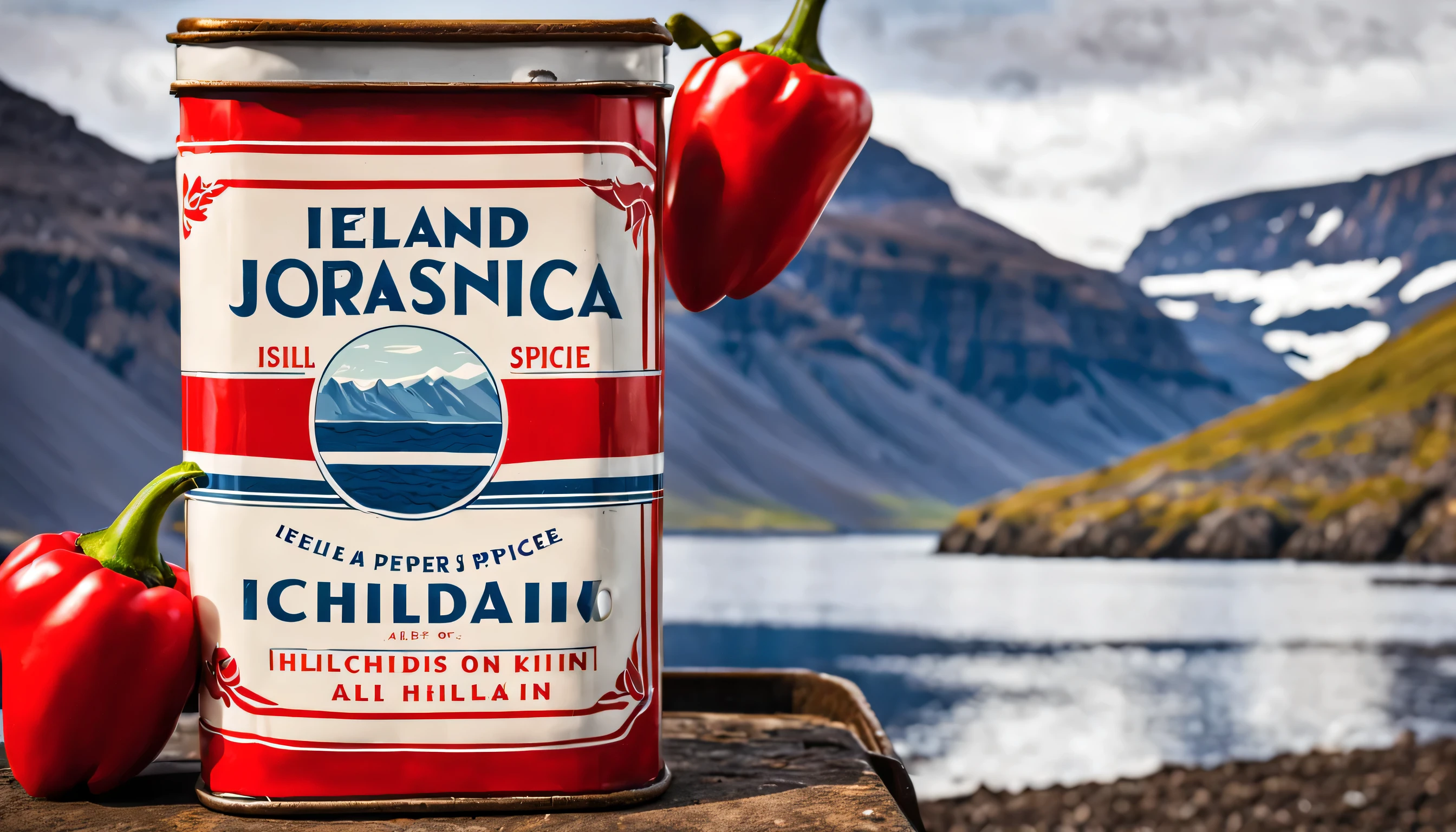 icelandic fjord background, rectangular label, vintage design, vintage travel poster style, red chili pepper in center - all of this on a vintage spice tin