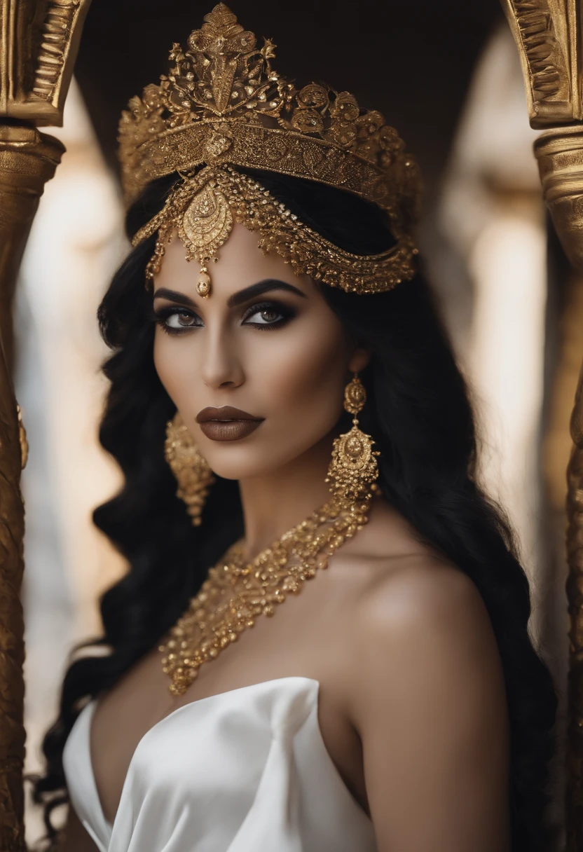 Pombagira Maria Padilha das Almas, WHITE skin woman, Cheveux noirs très longs et ondulés. Deep and mysterious look. debout, tout le corps. Predominantly flowing black dresses with white and gold accents. gilded ornaments. style mythique. pouvoir et magie. MYSTIQUE.