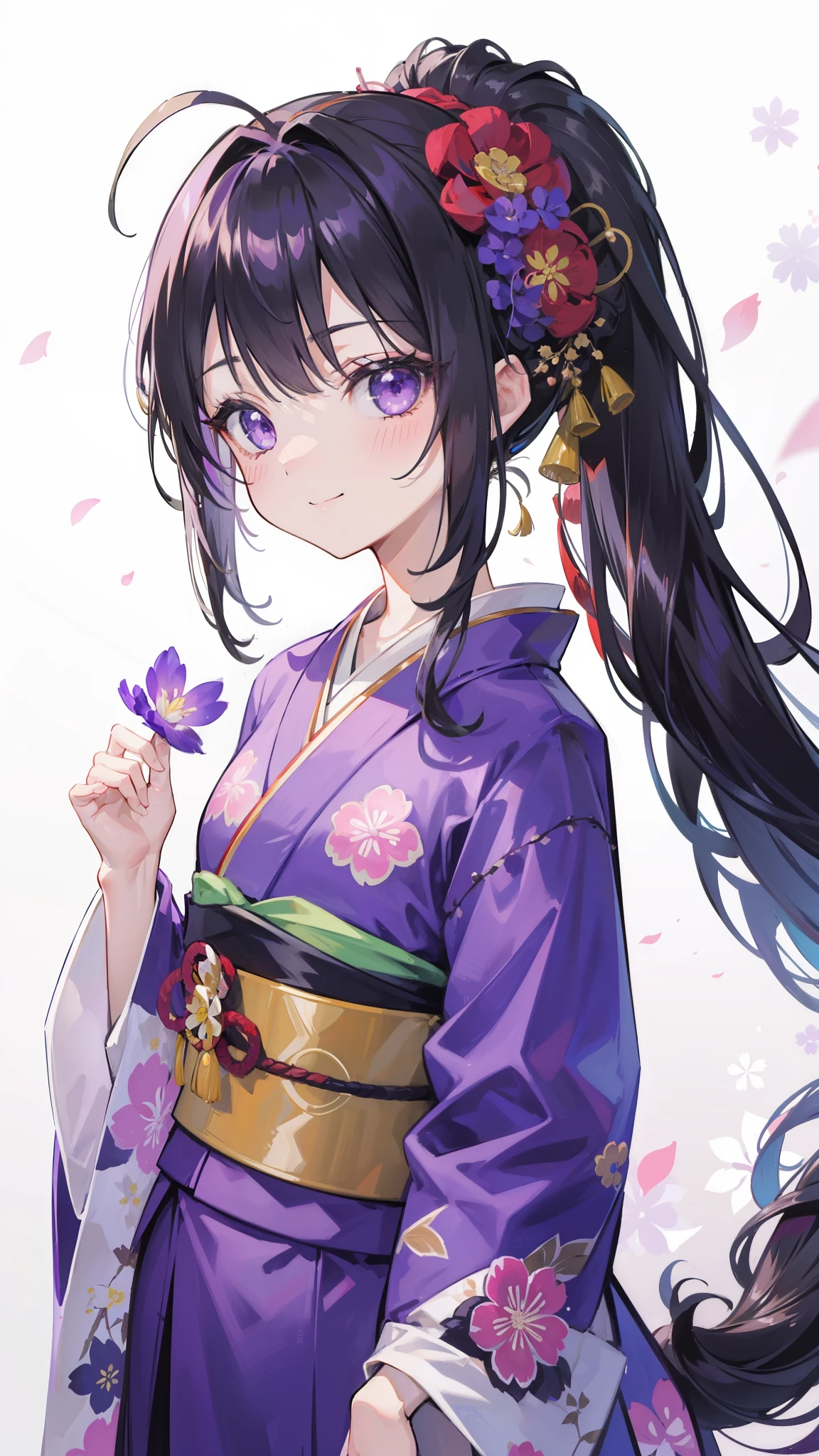 32k, 1girl, solo, long hair, looking at viewer, blush, smile, bangs, hair ornament, long sleeves, closed mouth, standing, ponytail, flower, japanese clothes, hair flower, wide sleeves, kimono, sash, depth of field, Japanese style background, obi, antenna hair, high ponytail, pink flower, purple flower, purple kimono, zouri,