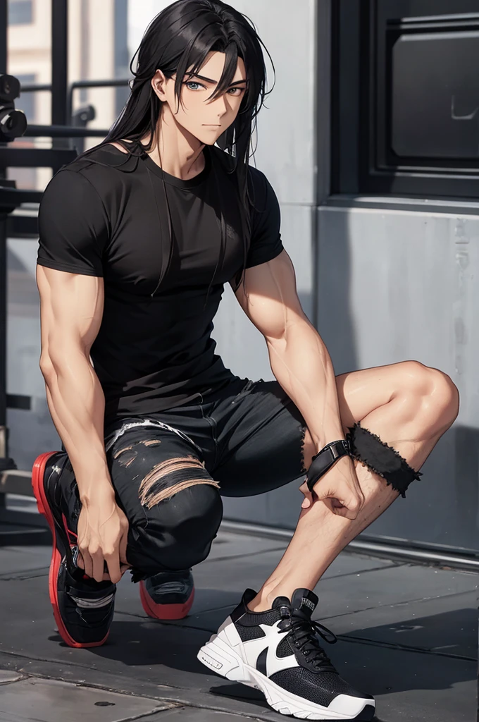 cute guy, muscular, black t-shirt, ripped jeans, long hair, pretty eyes, asian, black sneakers, large build