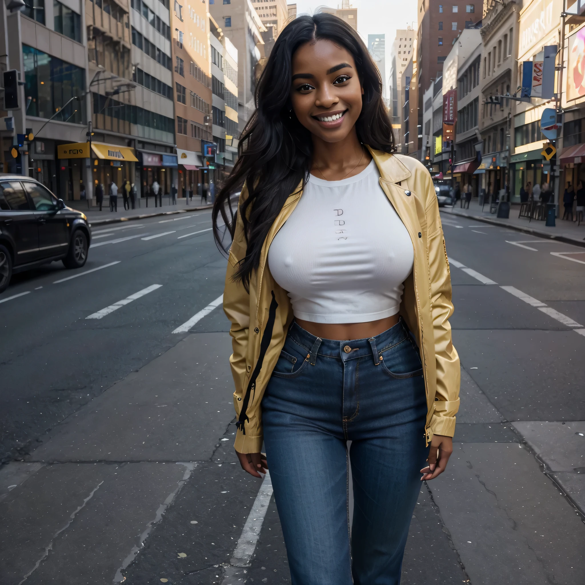 (extremely detailed CG unity 8k wallpaper), photo of the most beautiful artwork in the world, 8k uhd, realistic photo, a full body photo of 24 year ebony girl, Long black Hair, crossing the road in a busy NYC zebra corissing, yellow taxi's can be seen in the background, high waste tight fit blue jeans and heals, wearing a beautiful stylish winter jacket, large breasts under shirt, luxury handbag in her hand down by her side, woman has a large smile showing her perfect teeth and is excited. DSLR with a prime lens for crisp and detailed shots , Fill flash to balance natural light, high quality, High Detail, Sharp focus, dramatic, (looking at viewer:1.2), (detailed face:1.3)