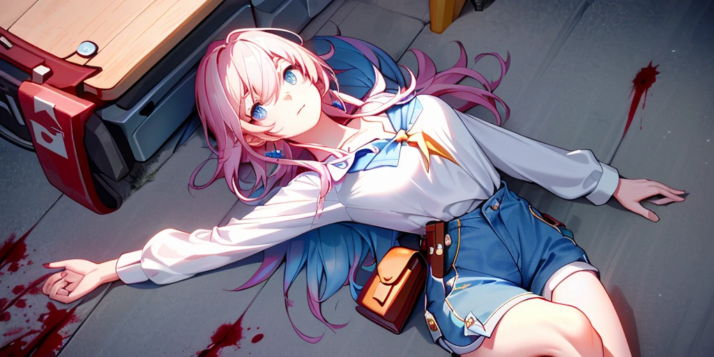 (lying on the roadside on one's back:1.2), Collapse Star Rail, 1 girl, alone, ((white shirt)), barefoot, big breasts, cleavage, uniform, Shoulder bag, ((Killed)), ((From above)), (cinematic lighting), (Put your arms on the ground), ((Sea of Blood)), dutch angle, ((Bloody Body)), ((blood on their clothes)), ((rape face)), (((horror))), office background, denim shorts, office, hair between eyes, blue earrings, large chest, long hair, pink short nails, blue eyes, alone, (Thin knees, thick thighs), ((long legs)), ((masterpiece)), name tag, id tag, Slender, (mature woman), (Open your eyes)