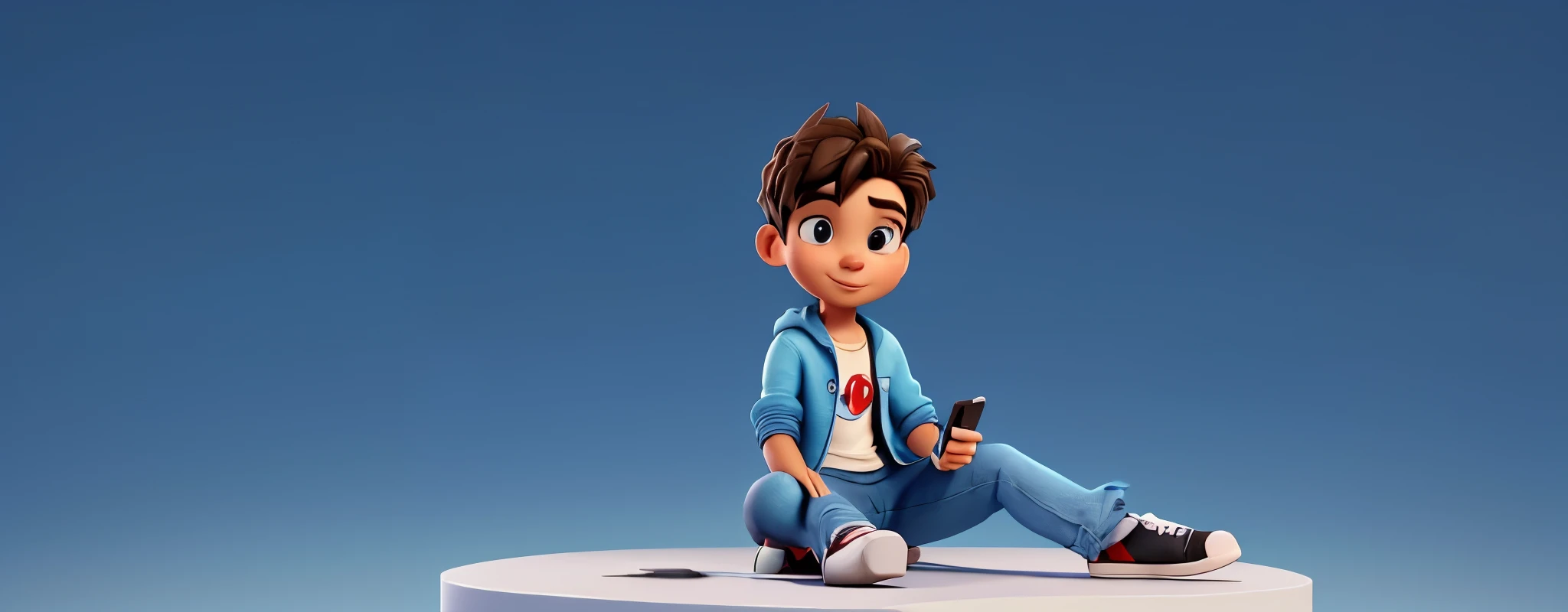 Create a 3D illustration of an
animated character sitting casually
on top of a social media logo "Youtube". The character must
wear casual modern clothing such
as jeans jacket and sneakers shoes.
The background of the image is a
social media profile page with a user
name "SURA is live" and a profile picture
that match.