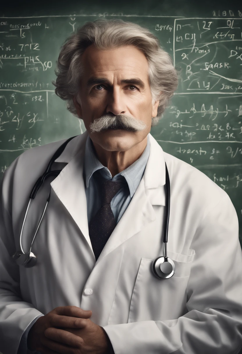 (super-detailed face, realistic lighting, vivid colors, high-resolution painting:1.1), genius, physics, blackboard, messy hair, intense gaze, iconic pose, aged, white lab coat, iconic mustache, deep wrinkles, piercing eyes, wise expression, scientific equations, historical figure, mathematical formulas, abstract background, scientific discovery, revolutionary scientist