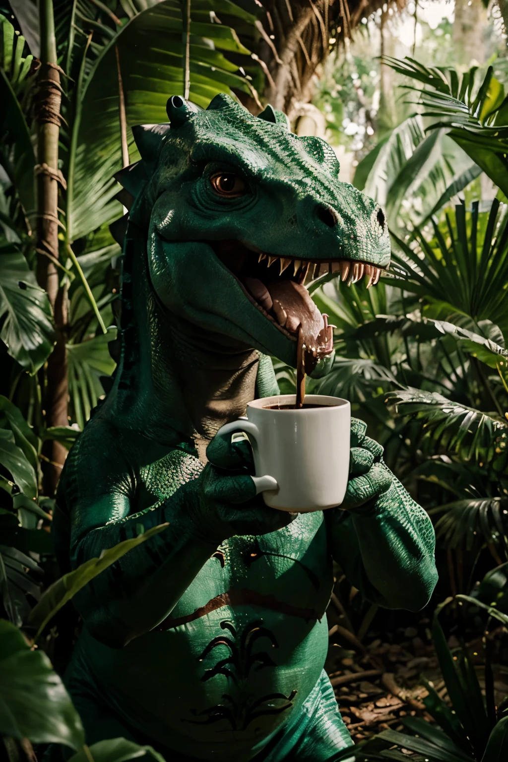 an angry dinosaur wanting to drink coffee, with a coffee mug in his hand, inside a jungle full of trees, cartoon style, 8k, --16:9, image +4 years