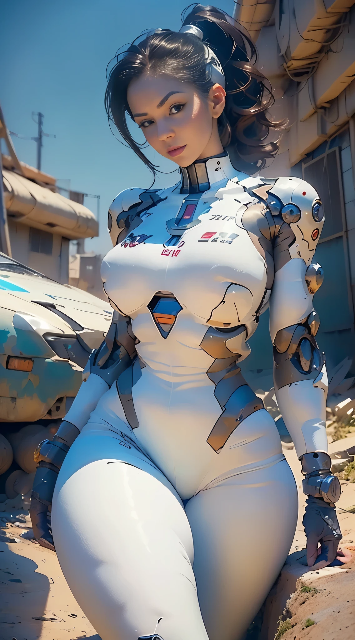 (MATURE White Woman), Best Quality, Masterpiece, A Beautiful Cyberpunk, (Cyberpunk), (cyborg), (ponytail hair), MATURE Woman, Genesis evangelion neon style clothing, 2-piece clothing, cybernetic hands, pastel, extremely beautiful,  alone, full body, ultra detailed face, ultra detailed eyes, brown eyes, ultra realist eyes, ultra detailed irises, perfect body, ultra delicate hands, ultra detailed hands, ultra detailed fingers, natural lighting, front view, malicious smile, smooth skin, very big ass, ultra wide hips, huge hips,  ultra thin waist, totally ultra realistic, (so sweet), repeat the same face, always the same face, repeat always the same face, always the same body, always the same proportions, flat belly, looking at the camera, Centered, scale to fit the dimensions, thirds rule, 8K Raw, , pantyhose, CURVY  (MATURE WOMAN)