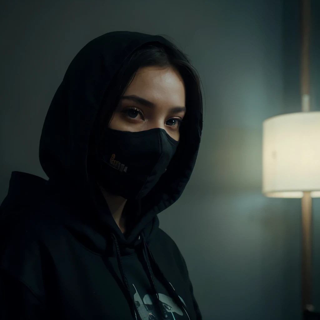 ((A stunning masterpiece))), (((featuring the highest quality))), Facing the viewer, adorned in a black hoodie and a mask. hyper-realistic artwork, radiates a cyberpunk ambiance, captivating shades of cyan, perfectly complementing the vibrant red eyes and the black hue of the mask, white background cinematic, epic realism,8K, highly detailed, fantasy storybook illustration, lifestyle photography, candid, realistic, epic realism, surrealist style, fantastical, magical, unexpected, super detail, dreamy lo-fi photography, colorful