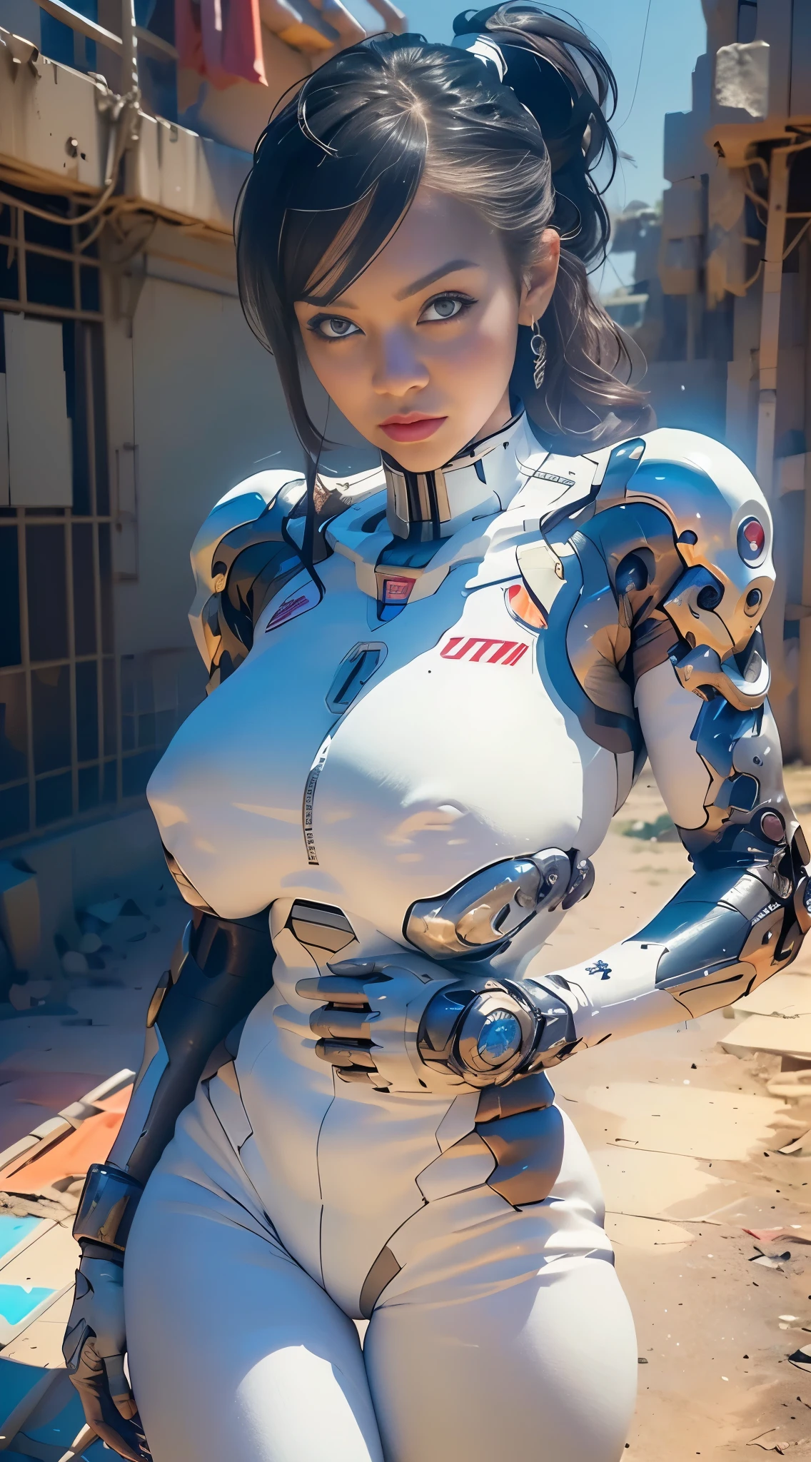 (MATURE White Woman), Best Quality, Masterpiece, A Beautiful Cyberpunk, (Cyberpunk), (cyborg), (ponytail hair), MATURE Woman, Genesis evangelion neon style clothing, 2-piece clothing, cybernetic hands, pastel, extremely beautiful, alone, full body, ultra detailed face, ultra detailed eyes, brown eyes, ultra realist eyes, ultra detailed irises, perfect body, ultra delicate hands, ultra detailed hands, ultra detailed fingers, natural lighting, front view, malicious smile, smooth skin, very big ass, ultra wide hips, huge hips, ultra thin waist, totally ultra realistic, (so sweet), repeat the same face, always the same face, repeat always the same face, always the same body, always the same proportions, flat belly, looking at the camera, Centered, scale to fit the dimensions, thirds rule, 8K Raw, , pantyhose, CURVY (MATURE WOMAN)