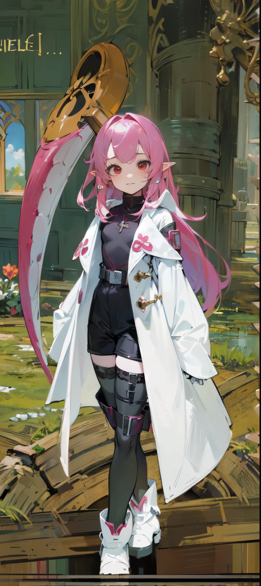 (masterpiece, sidelighting, finely detailed red eyes: 1.2), ((best quality)), ((masterpiece)), (highly detailed:1.3), anime, loli girl, elf, small chest, bodytight purple turtleneck, open white coat with long sleeves, sleeveless turtleneck, extra wide sleeves, bodytight black shorts, black bodice with belts, thigh high socks, white boots with green soles, pale skin, (insanely long hair, pink hair, messy haircut, spiky hair), small cross earrings, visible thighs, 1girl, solo,