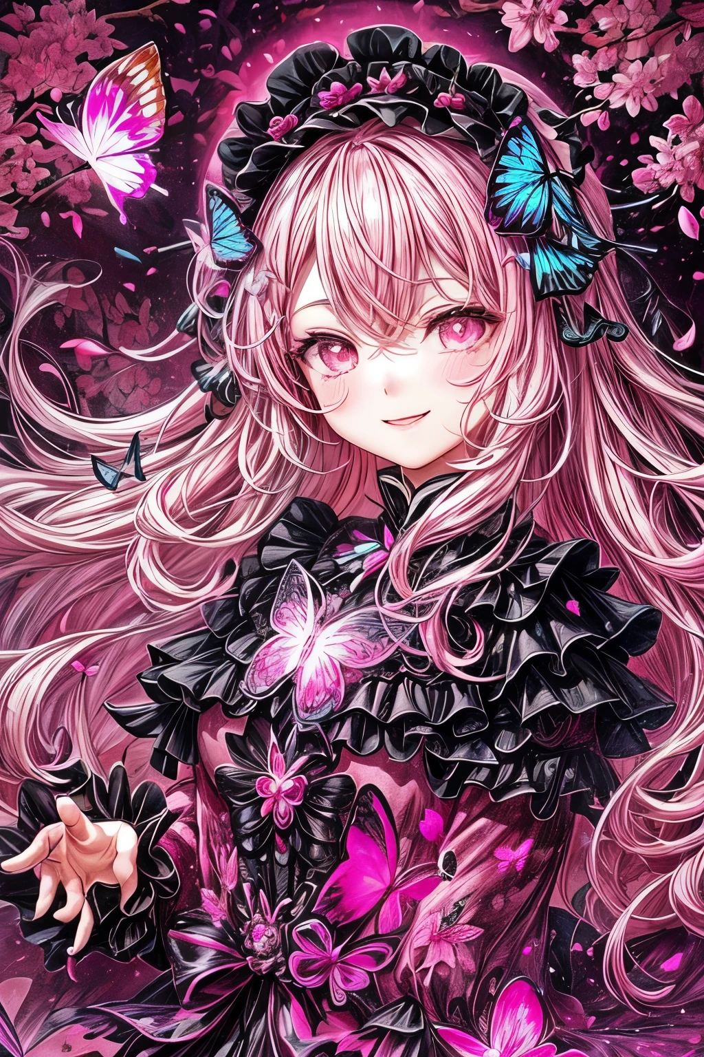 masterpiece, highest quality,(figure:1.0), 1 girl, (Gothic ta:1.2), (Black big wings:1.3), (((bioluminescence照明, pink light:1.5 ,pink lighting:1.5, shades of pink:1.5))), (Dark pupils:1.4), Glowing with black eyes, The sparkle of black hair:1.5, Cherry tree々Detailed background of , (pink glass, Pink leaves), (Cherry tree:1.5), (cherry blossom petals:1.5. bioluminescence環境:1.5), Fluorescence environment, (((bioluminescence:1.5))), (((shining particles in the air:1.5, particles of light:1.5,))), ((Pink butterfly:1.5)), whole body, long hair, silver hair, Ahoge, pink eyes, adorable eyes, (best smile:1.2),