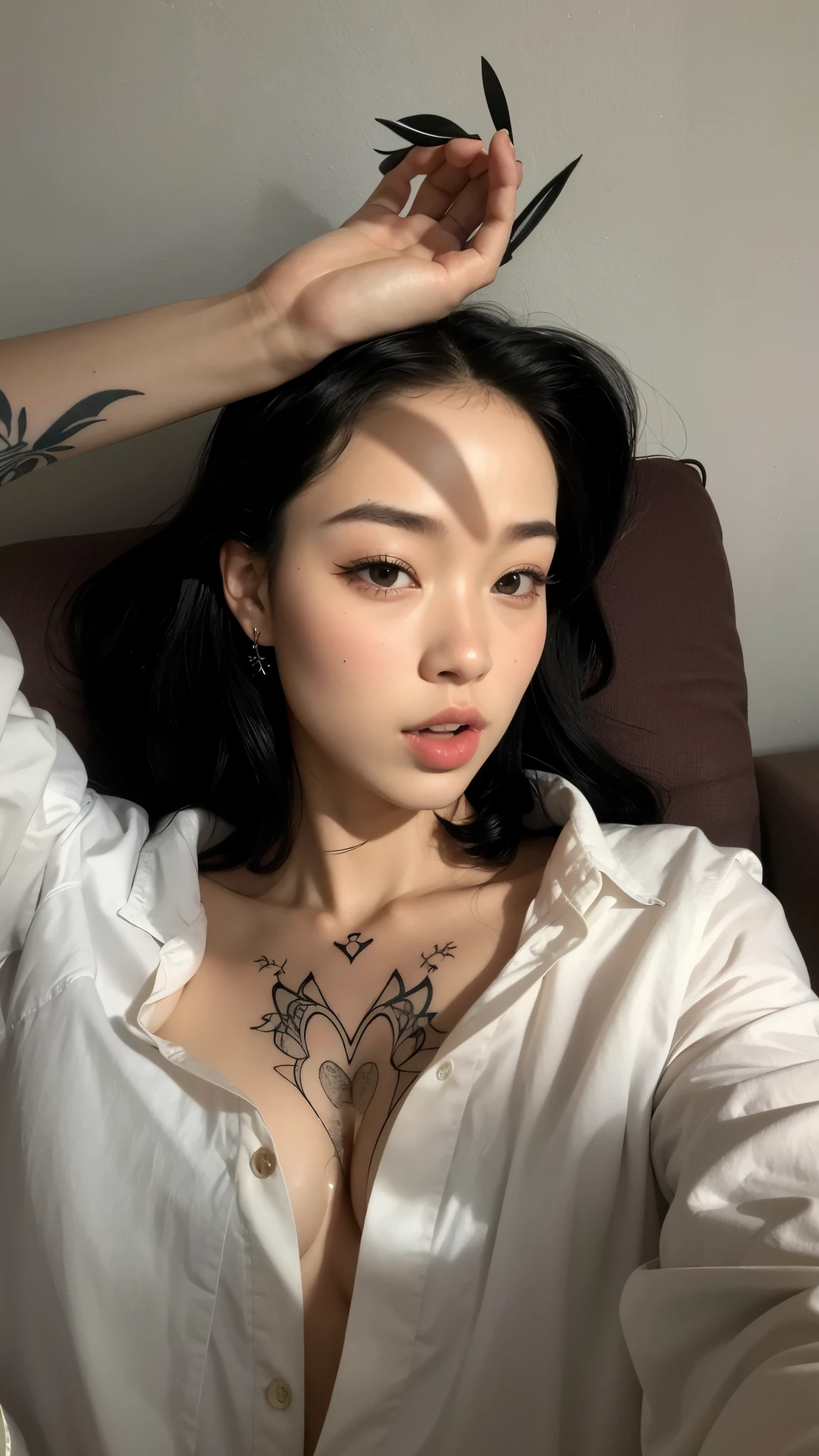 there is a woman with a tattoo on her chest, com tatuagens, Sul coreana, small heart-shaped face, girl com tatuagens, beautiful Asian girl, tatuado, foto de perfil, olhar marcante, asian features, jennie, com tatuagem, Asian girl, an Asian woman, foto de fim de tarde, beautiful asian woman, camiseta social, decote mostrando os seios grandes