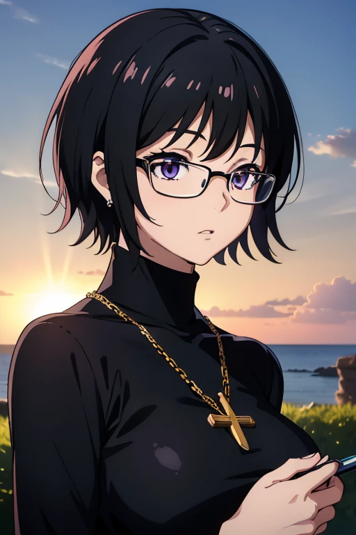 (masterpiece, High resolution, highest quality, anime color, anime screenshot, 8K, realistic), Purple Shizuku, 1 girl, cute, black hair, short hair, Glasses, Expressionless, huge breasts, (tight black turtleneck long sleeve), (Upper body, looking at the scenery, From the side), denim, inverted cross chain necklace, (Perfect detailed anatomy, beautiful and fine eyes&hair, beautiful face, shiny skin), outdoor sunlight