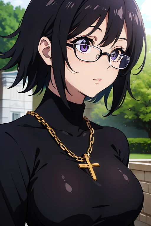 (masterpiece, High resolution, highest quality, anime color, anime screenshot, 8K, realistic), Purple Shizuku, 1 girl, cute, black hair, short hair, Glasses, Expressionless, huge breasts, (tight black turtleneck long sleeve), (Upper body, looking at the scenery, From the side), denim, inverted cross chain necklace, (Perfect detailed anatomy, beautiful and fine eyes&hair, beautiful face, shiny skin), outdoor sunlight