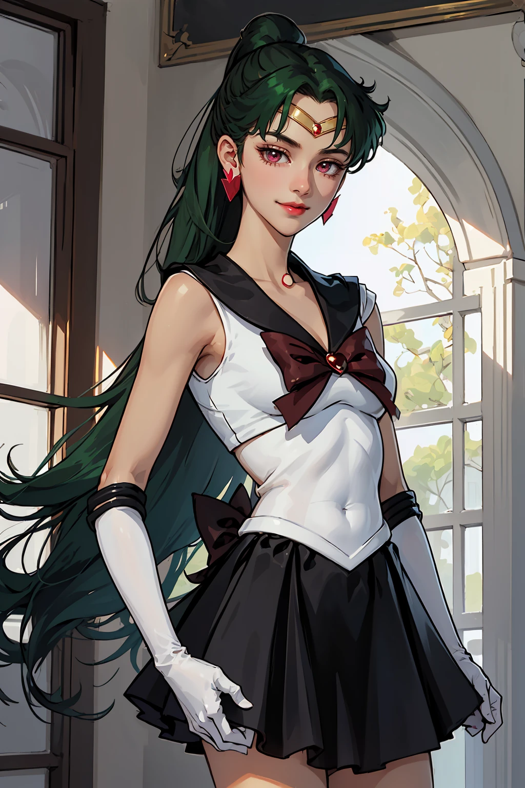 Masterpiece, Best Quality, High Resolution, 1girl, Solo, Ponytail, Green Hair, (Elbow Gloves), Headdress, dark red Bow, Tight Top, (Black Sailor Collar), White Gloves, Earrings, Smile, Black Skirt, (Sailor Pluto Uniform), (Sailor Pluto Uniform), standing, looking at the camera, dynamic poses. Leng Jun, White Top, Elbow Gloves