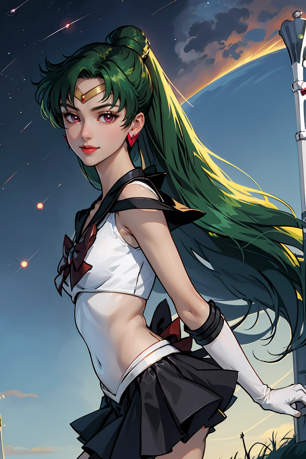 Masterpiece, Best Quality, High Resolution, 1girl, Solo, Ponytail, Green Hair, (Elbow Gloves), Headdress, dark red Bow, Tight Top, (Black Sailor Collar), White Gloves, Earrings, Smile, Black Skirt, (Sailor Pluto Uniform), (Sailor Pluto Uniform), standing, looking at the camera, dynamic poses. Leng Jun, White Top, Elbow Gloves