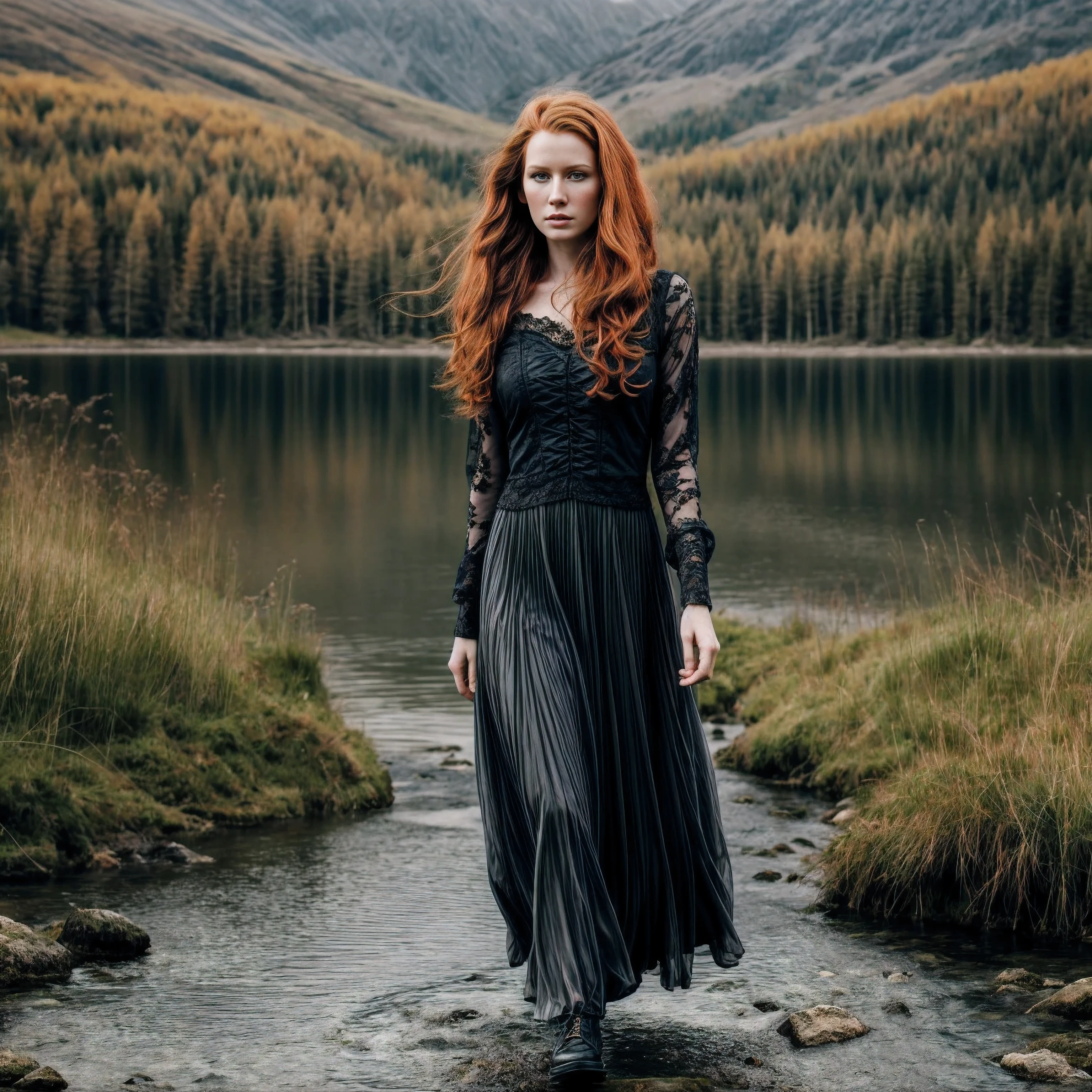 1woman in, age35, Solo, Aesthetic artwork, irish redhead, wavy ginger hair, shoulder length ginger hair, some small freckles, pale skin, small breasts, runners body, fullbody shot, imperfect skin, goosebumps, gothic dress, beautiful nature location, around lake shore, (extremely detailed 8k wallpaper), soft lighting, high quality, film grain, Fujifilm XT3 sharp focus, f 5.6, 50mm, High Detail, Sharp focus,(natural light), (seductive), Realistic, ultra realistic, photo realistic, crazy details, complex details, hyper detailed,